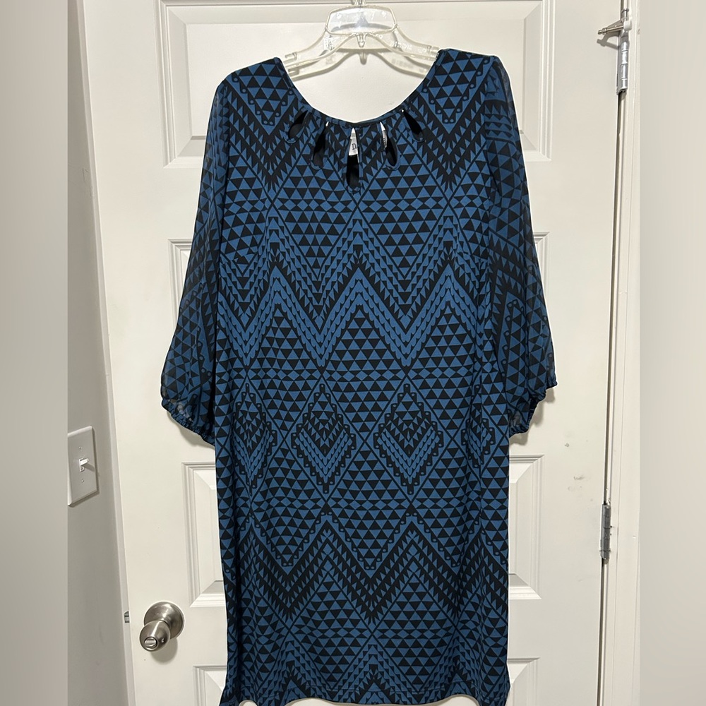 Chiffon and Knit Geometric Blue and Black Dress